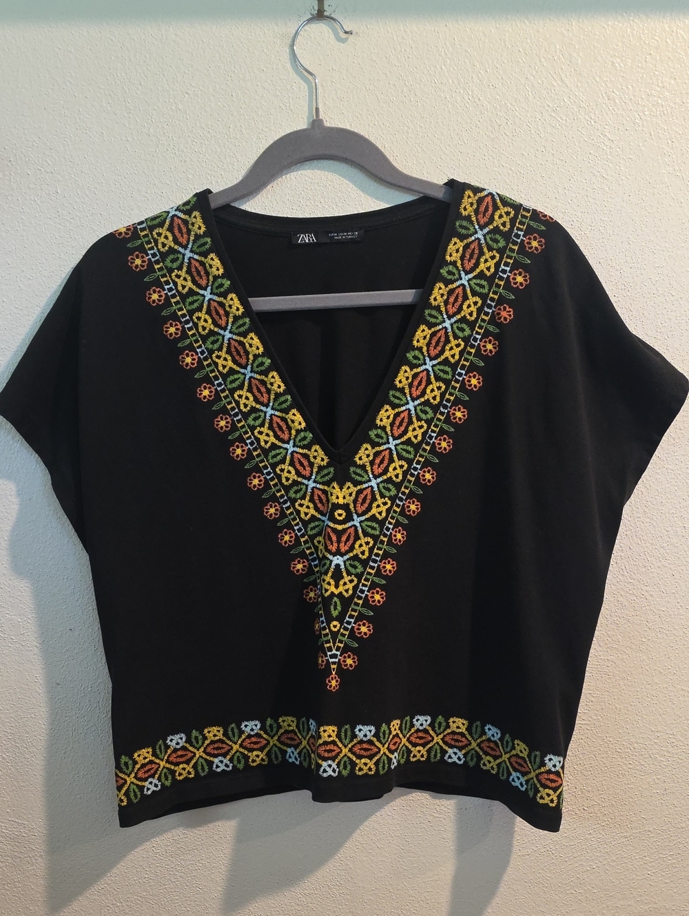 Zara Black Short Sleeved Top With Bold Embroidered Designs